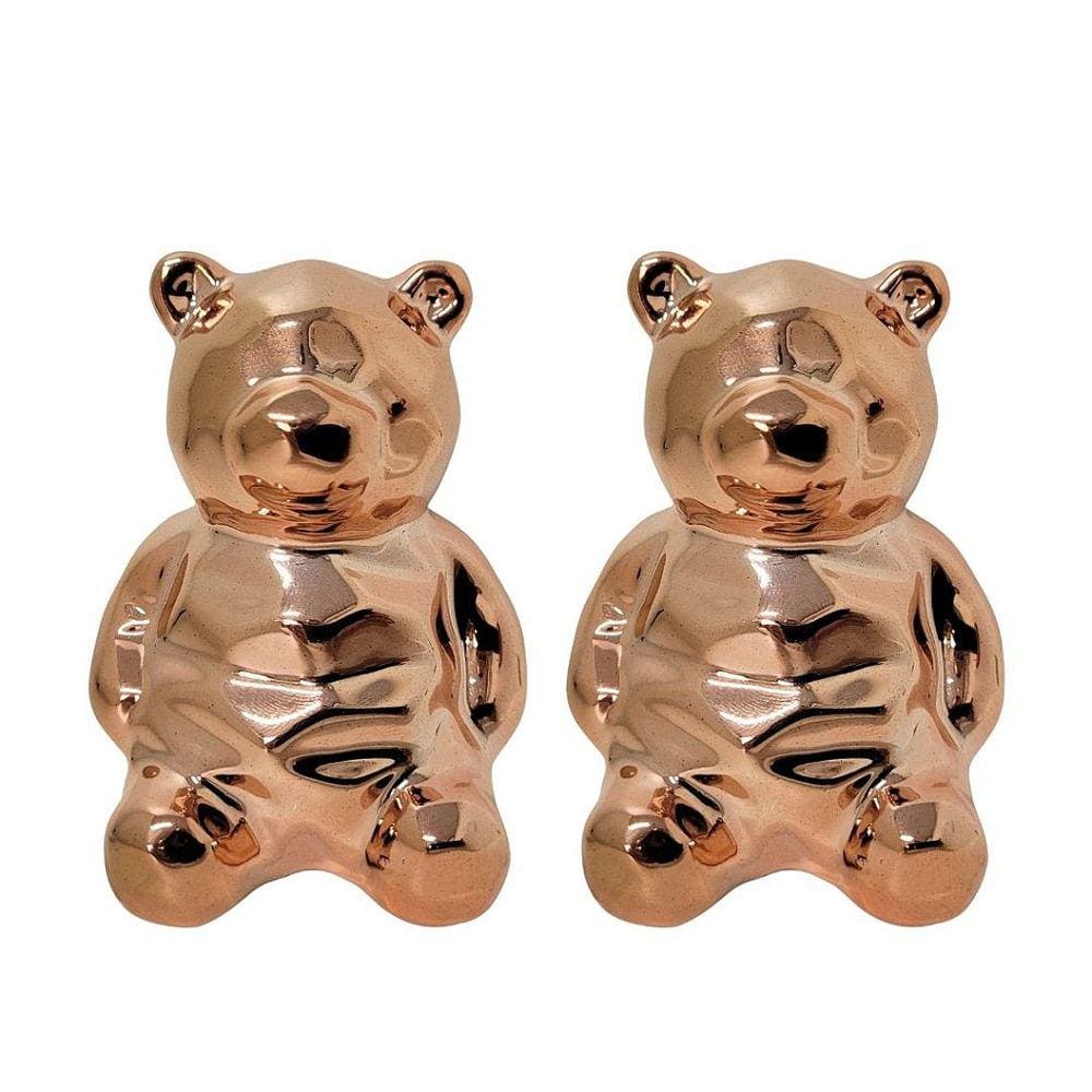 Kit 2 Enfeites Urso Decorativo Porcelana Rosê Gold Lapidado 8cm - Lívon
