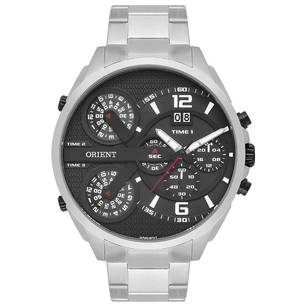 Relógio ORIENT masculino multi-time prata preto MBSST006 P2SX