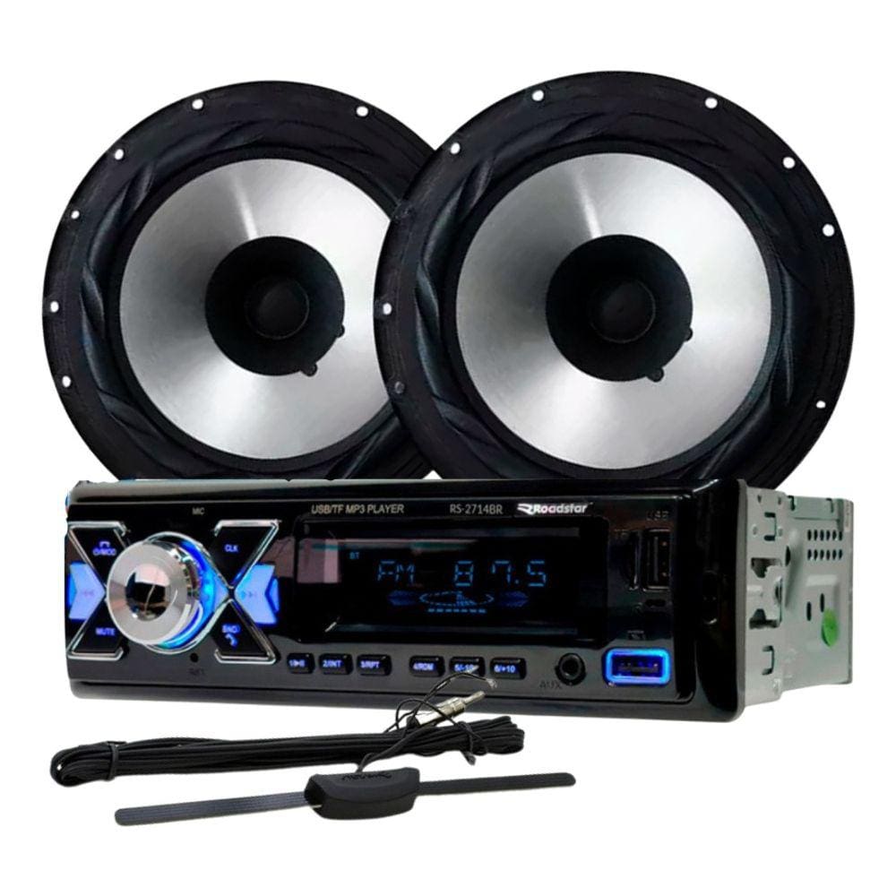 Rádio Roadstar RS2714BR BT/2 USB/SD/FM/Auxiliar + 2 Alto Falantes 6 Bomber 100w + Antena Rádio