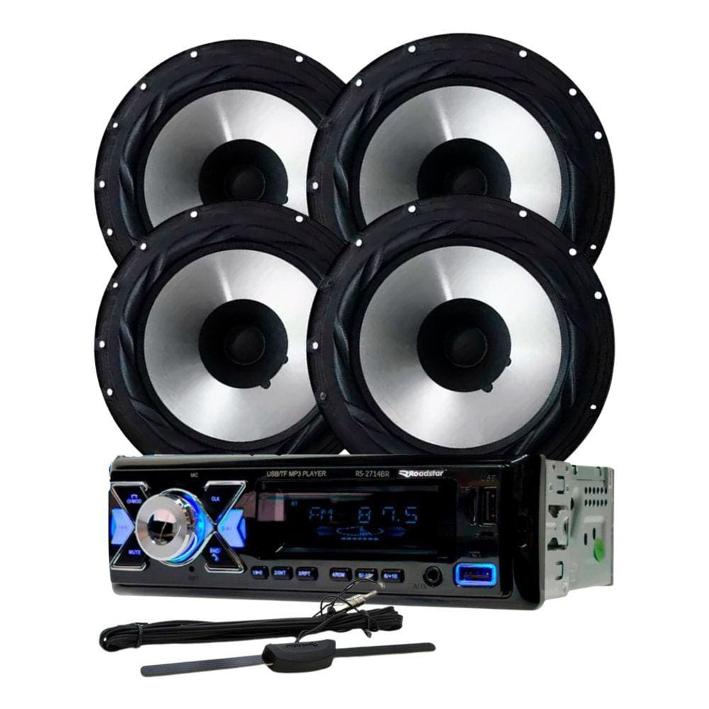 Rádio Roadstar RS2714BR BT/2 USB/SD/FM/Auxiliar + 4 Alto Falantes 6 Bomber 200w + Antena Rádio