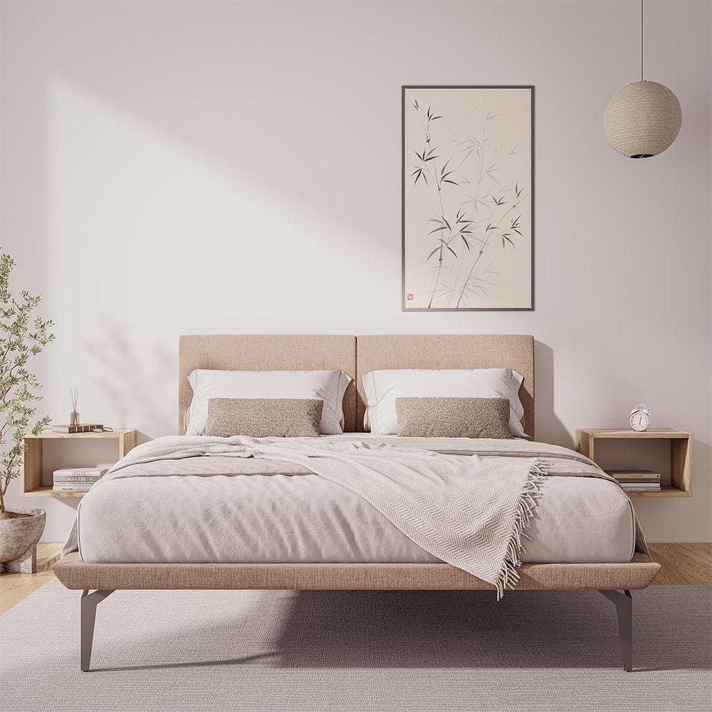 Base Box Cama Japonesa Toquio Casal com Cabeceira Almofada Linho Bege