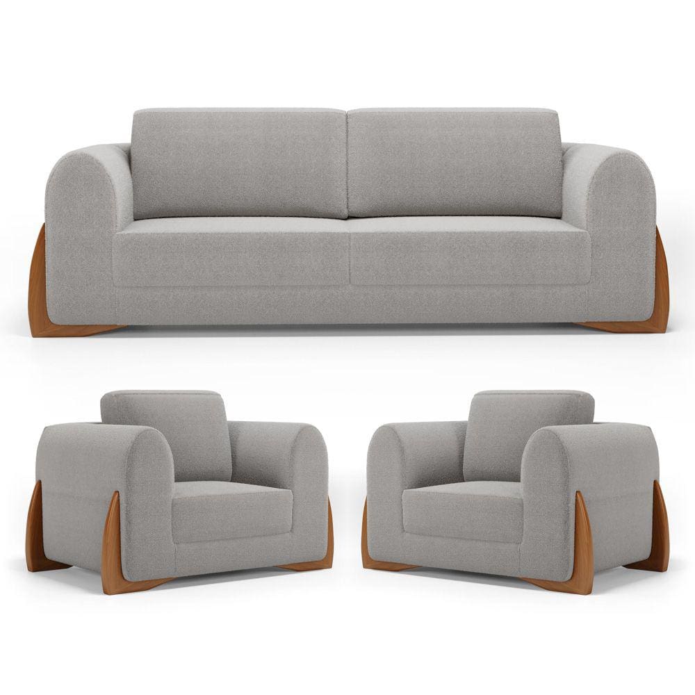 Kit 02 Poltronas e 01 Sofá Bloom 220cm 03 Lugares com Pés de Madeira Bouclê Cinza - Desk Design