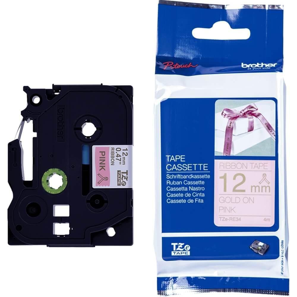 Fita Brother TZE-RE34 12mm Ouro sobre Cetim Rosa