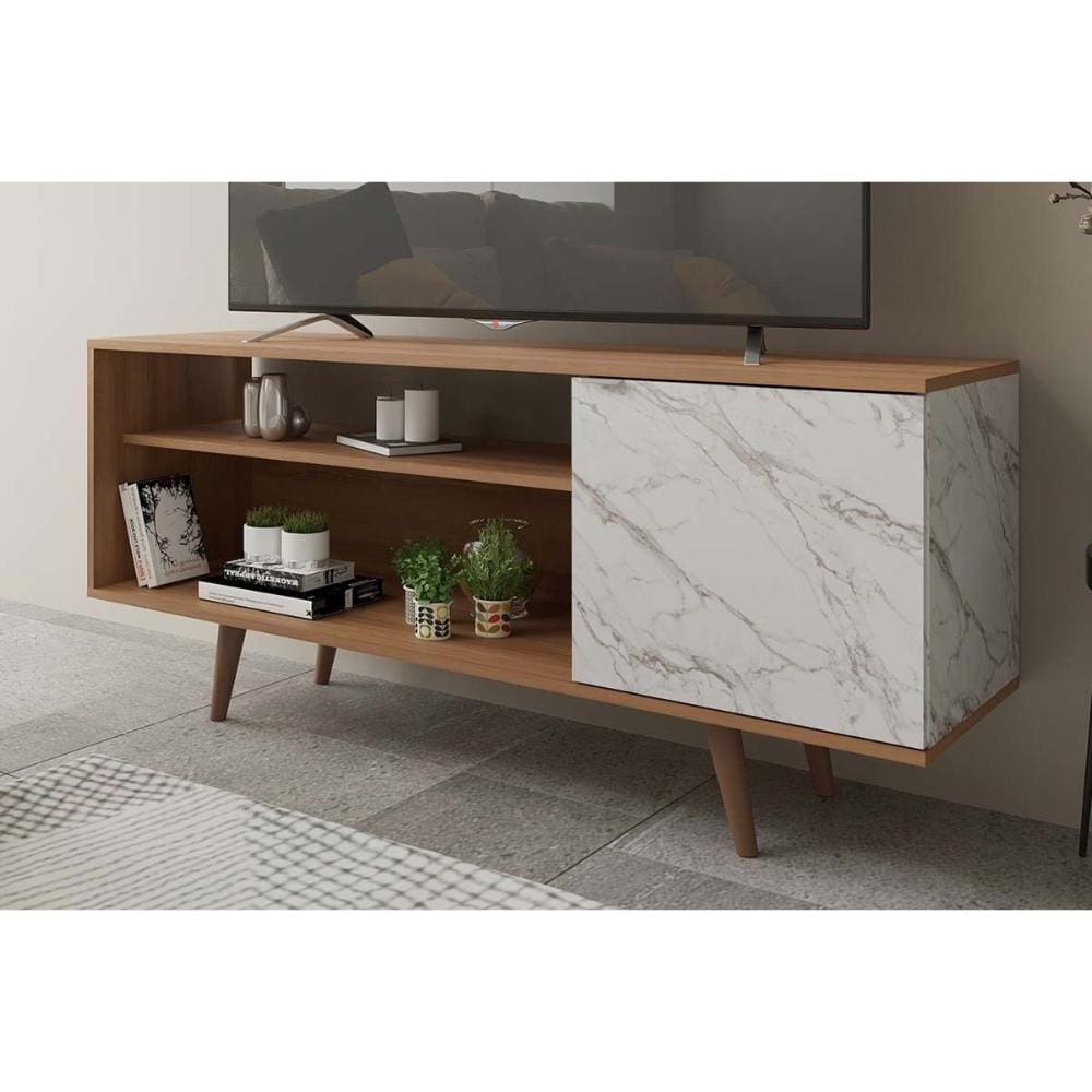 Rack para TV R1482 até 55 Polegadas c/ 2 Portas Amendoa/Marmore Branco - Tecno Mobili