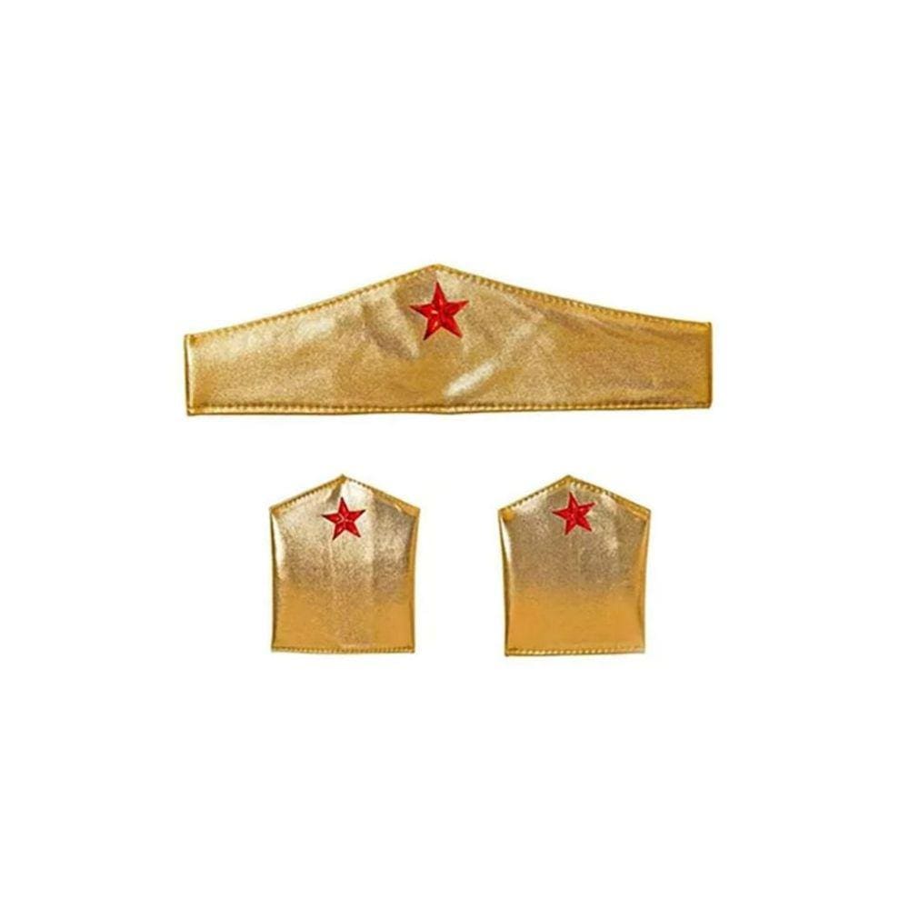 Kit Fantasia Tiara Braceletes Dourado Mulher Maravilha