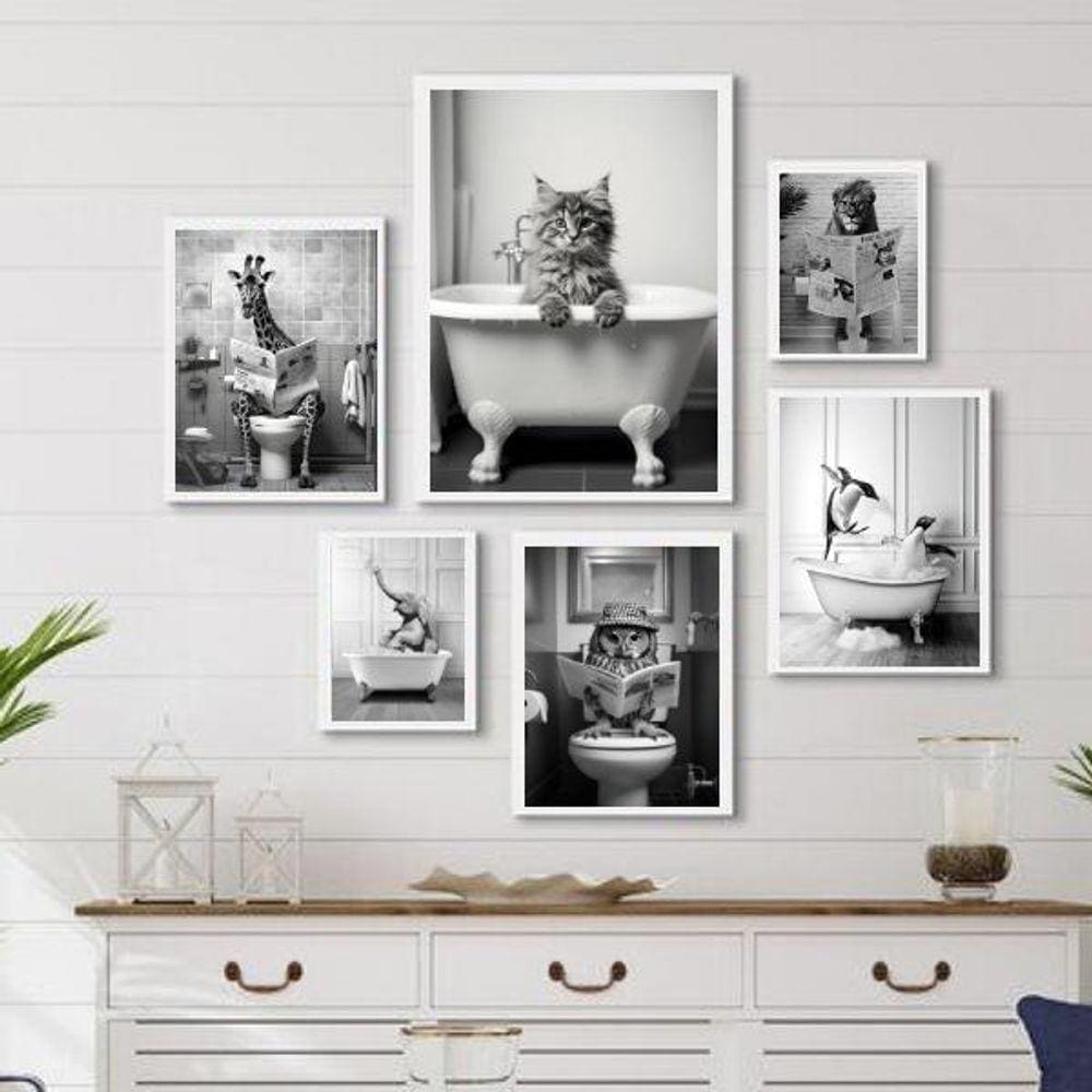 Composição 6 Quadros Divertidos Banheiro- Animais - Vidro