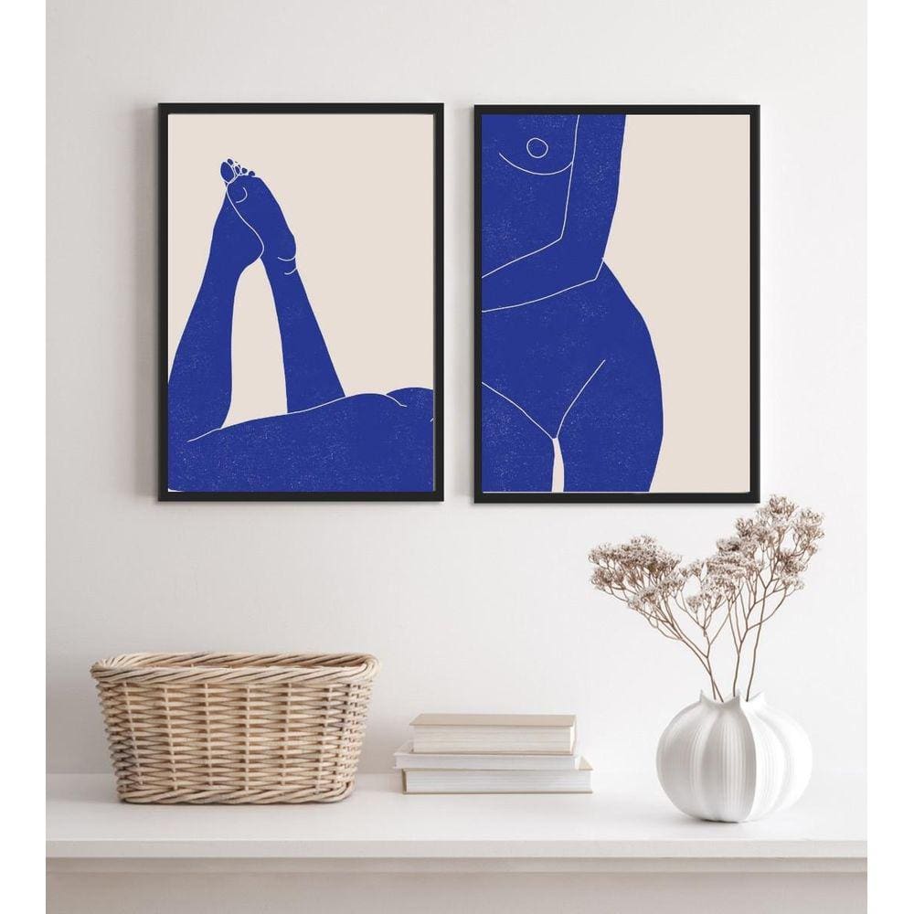 Kit 2 Quadros Quarto Nú Artistico Azul 33X24Cm - Com Vidro