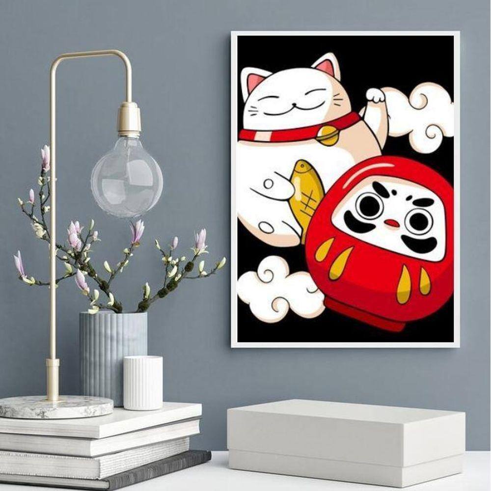 Quadro Decorativo Maneki Neko E Daruma 45X34Cm