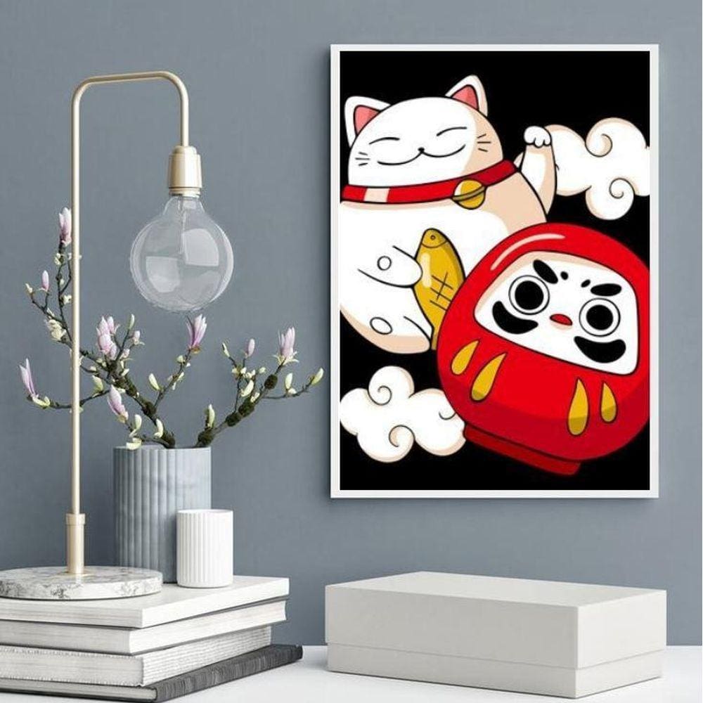 Quadro Decorativo Maneki Neko E Daruma 33X24Cm