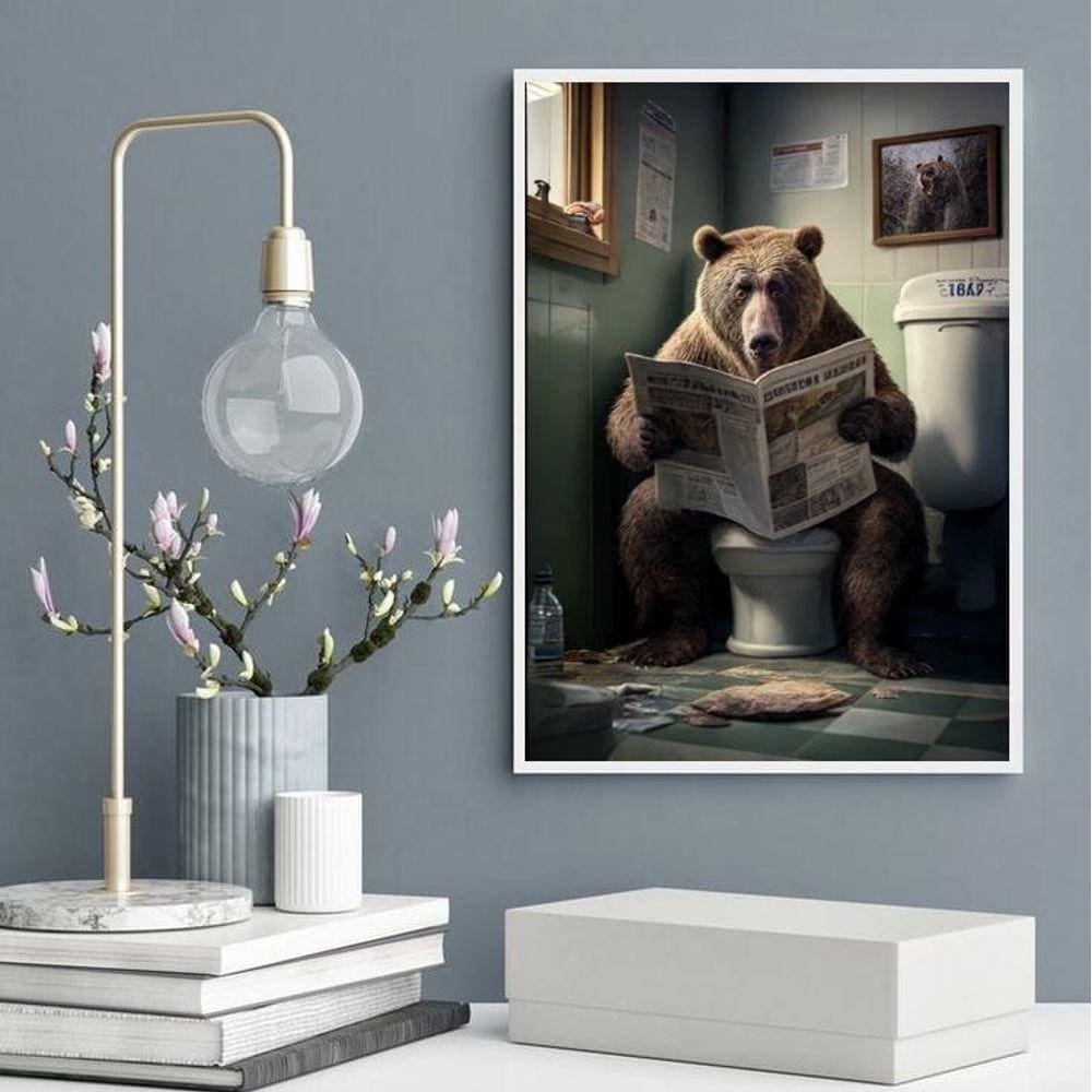 Quadro Urso No Banheiro Lendo Jornal 24X18Cm