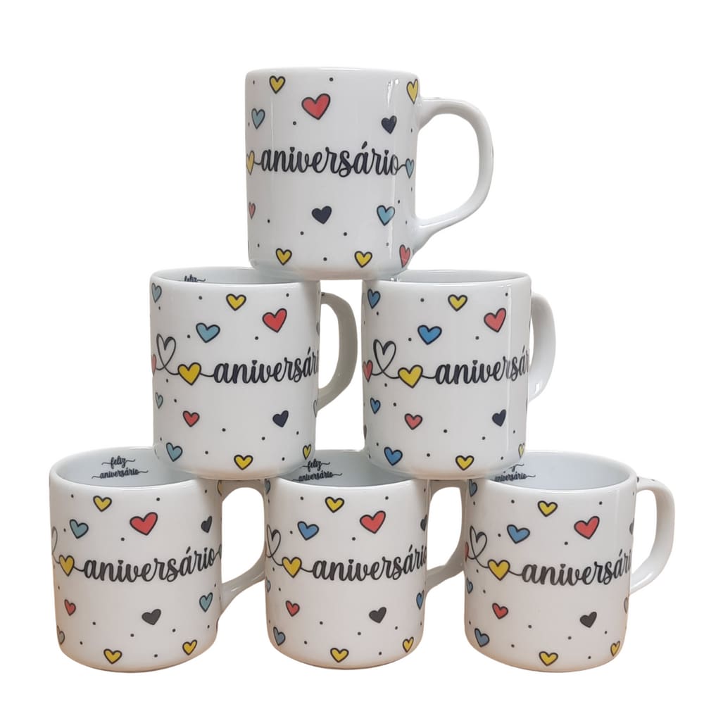 Kit Jogo 6 canecas 300ml Feliz Aniversário - Porcelana