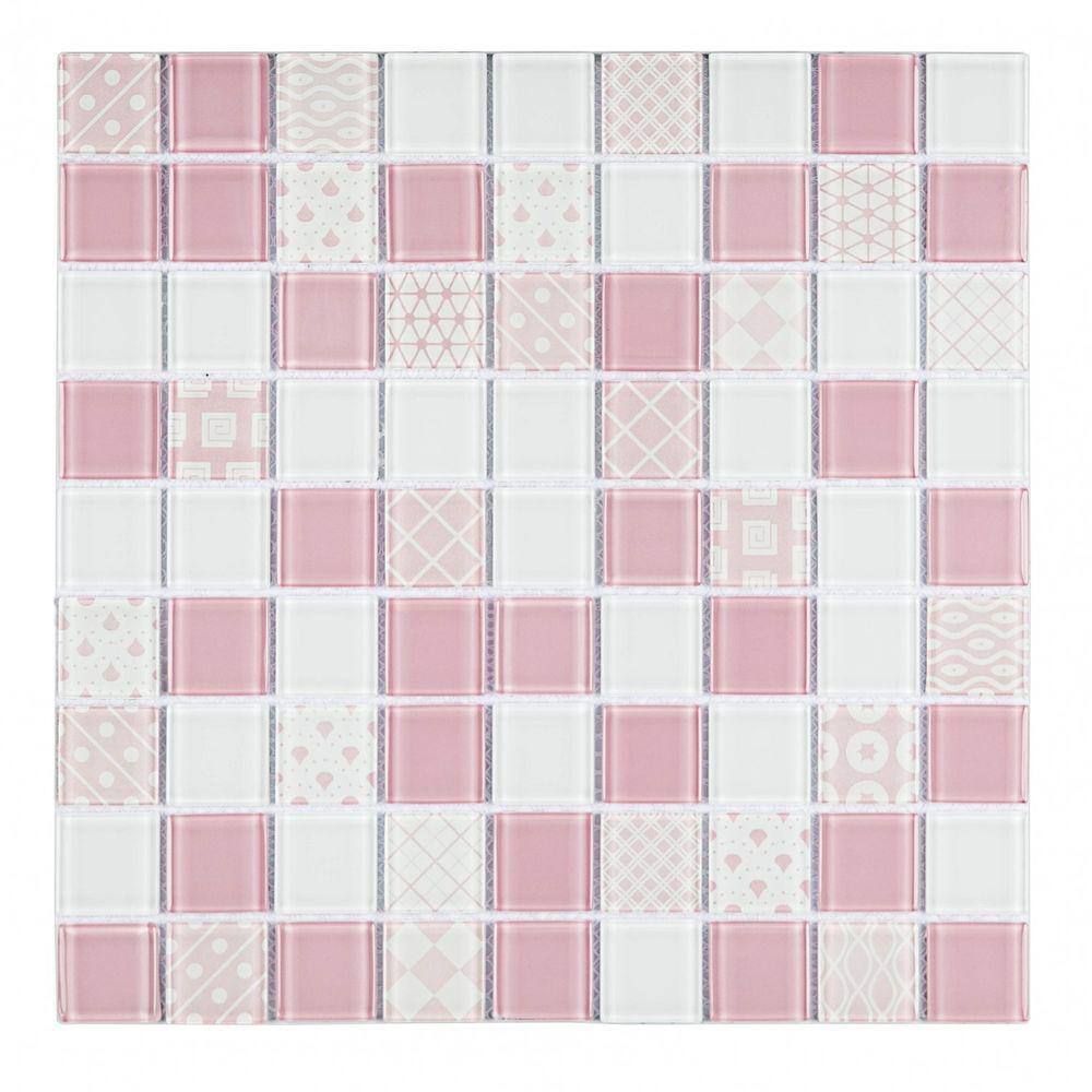 Pastilha de Vidro Mesclada 30cm x 30cm Patchwork Glass Mosaic Placas Branco/Rosa