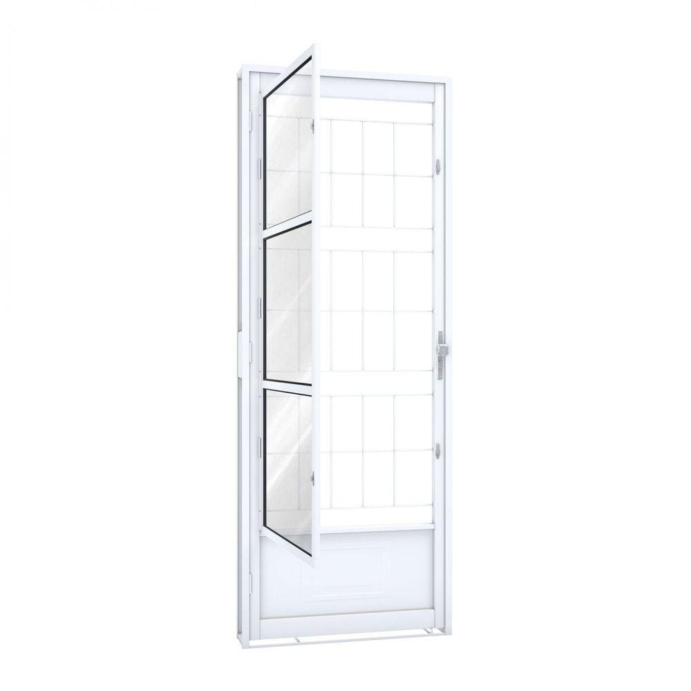 Porta de Aço Postigo 215x85cm com Grade Quadrada e Vidro Liso Riobras Branco Branco