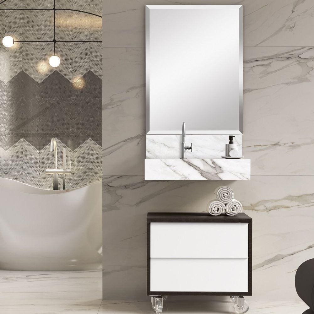 Bancada em Porcelanato para Banheiro 60cm Pró com Cuba Esculpida Blu Lavatórios Calacata