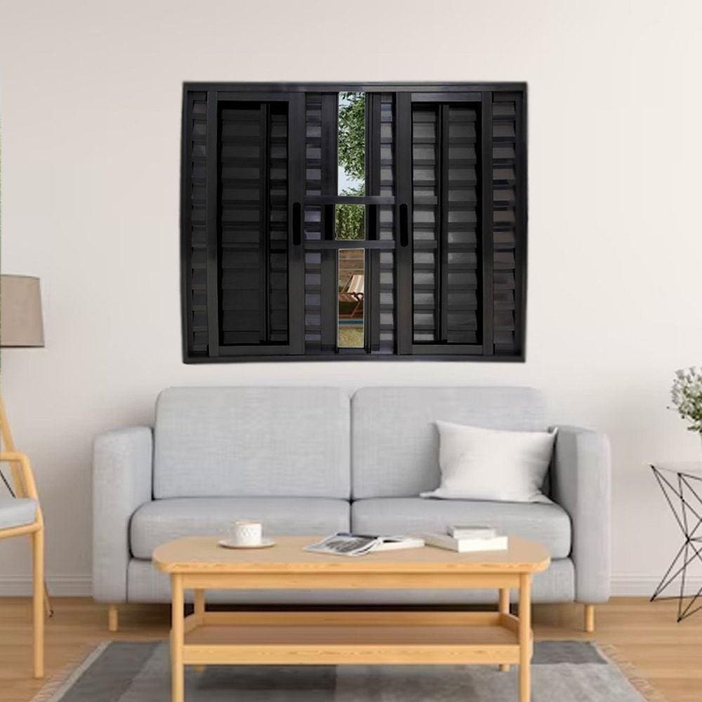 Janela Veneziana de Alumínio 6 Folhas 100 x 100cm Linha 25 com Grade Preto