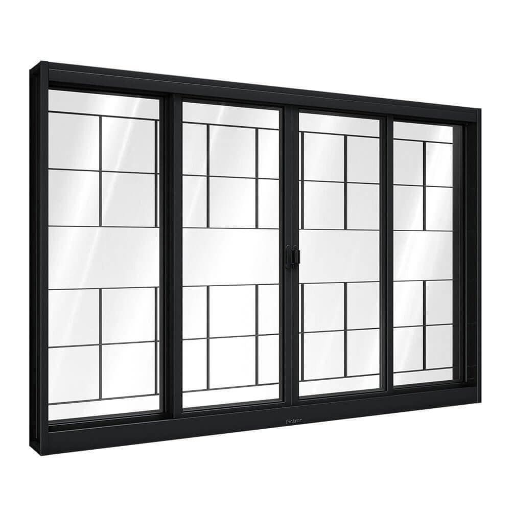 Janela de Aço de Correr Central com Grade Quadrada 4 Folhas 120x150cm Aço Pronto Riobras Preto
