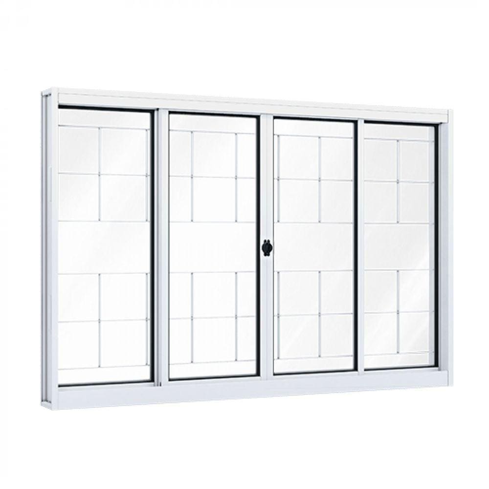 Janela de Aço de Correr 100x120cm 4 Folhas com Grade e Vidro Liso Riobras Branco