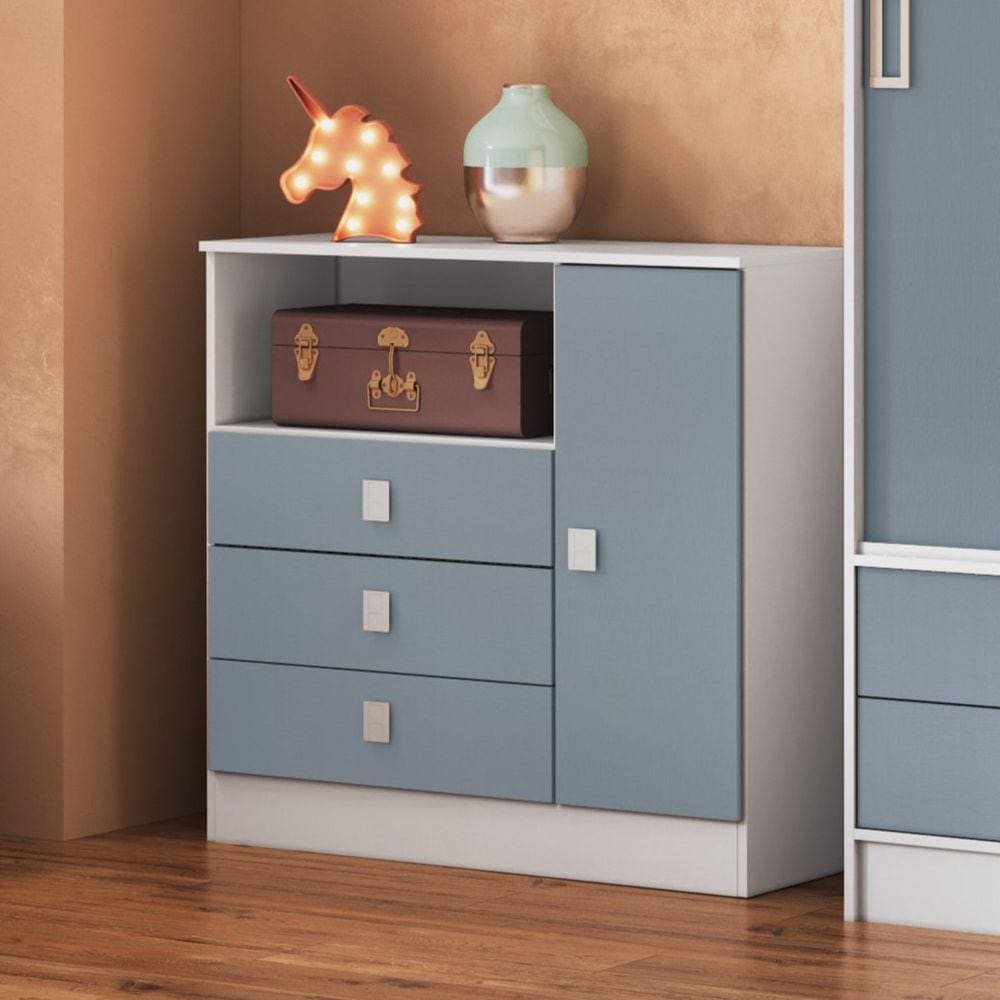 Cômoda de Bebê 3 Gavetas 1 Porta 1360 Baby Móveis Percasa Branco/Azul