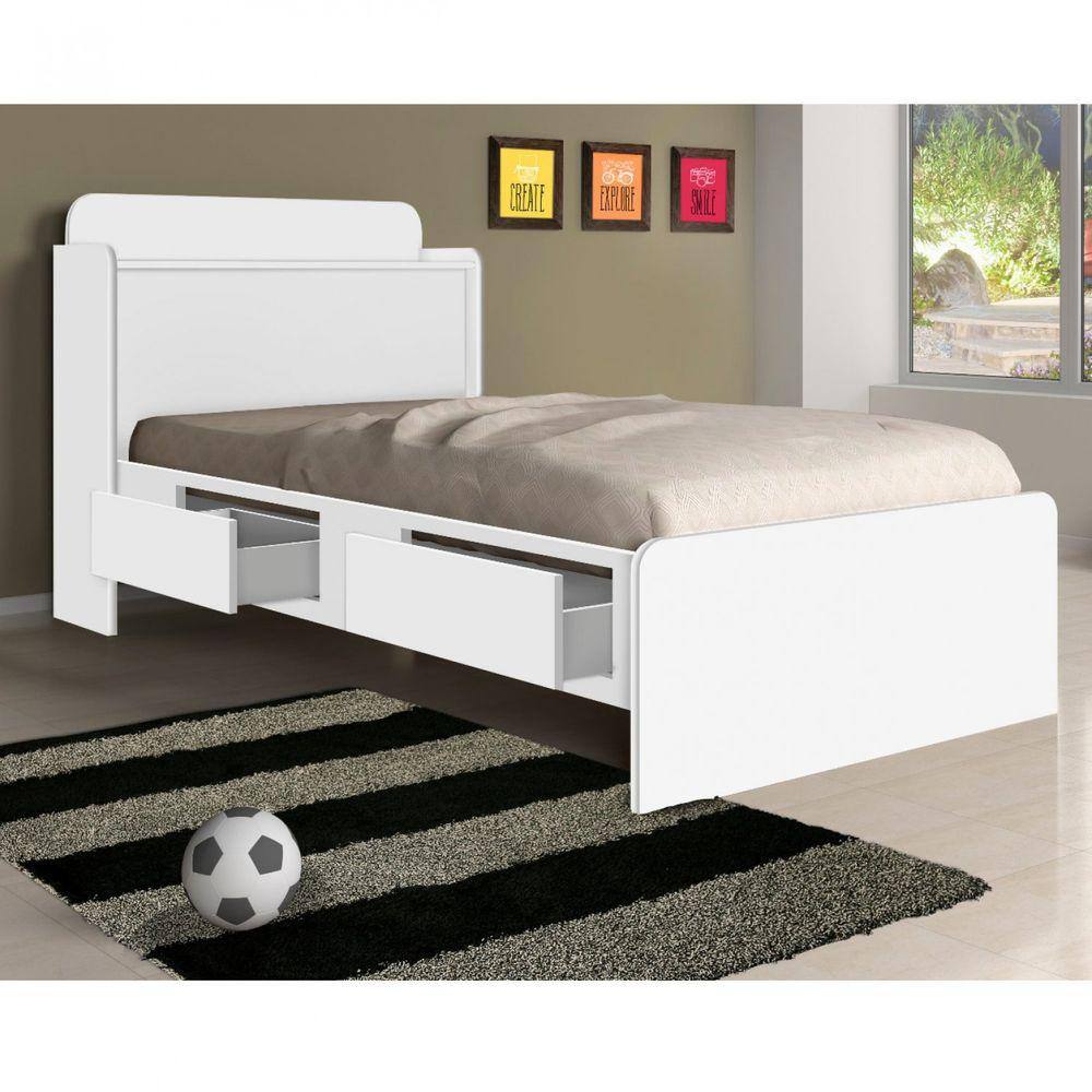 Cama Solteiro com Baú 2 Gavetas Tamires Branco