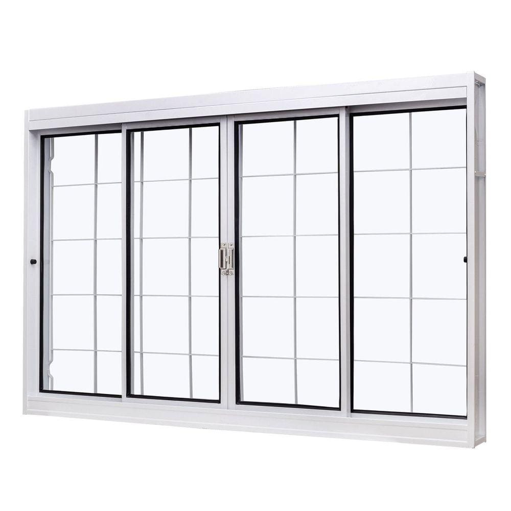 Janela de Aço de Correr Central 100x200cm 4 Folhas com Grade Quadriculada e Vidro Liso Qualitysol Ramassol Branco