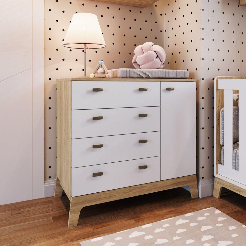 Cômoda Infantil 4 Gavetas e 1 Porta Linha Favo de Mel Completa Móveis Itapuã/Branco