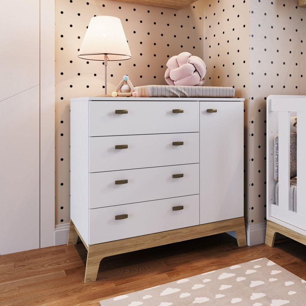 Cômoda Infantil 4 Gavetas e 1 Porta Linha Favo de Mel Completa Móveis Branco