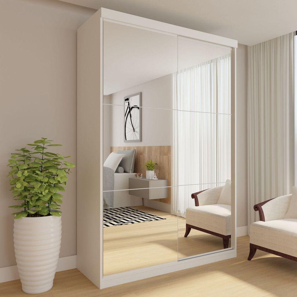 Guarda-Roupa Solteiro 2 Portas de Correr 2 Gavetas e 6 Espelhos Salvador Top Espresso Móveis Branco