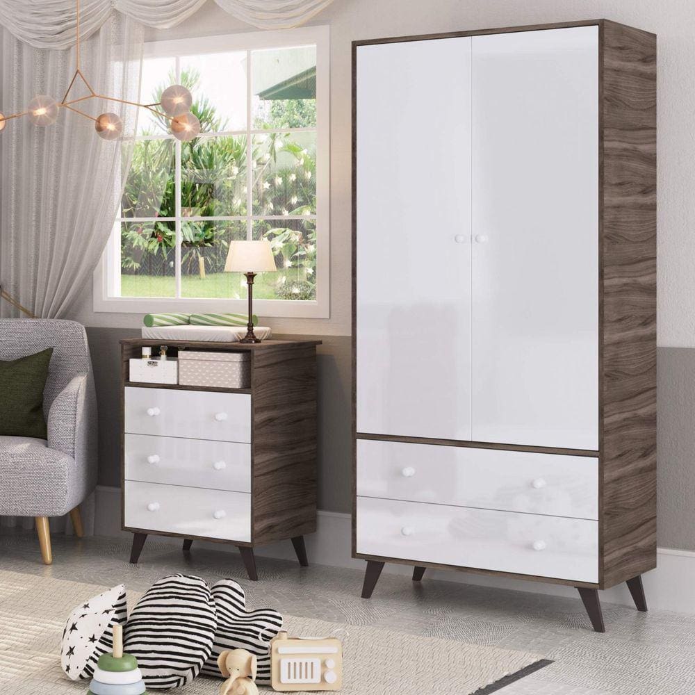 Guarda-Roupa de Bebê 2 Portas 2 Gavetas Retrô Móveis Percasa Carvalho/Branco