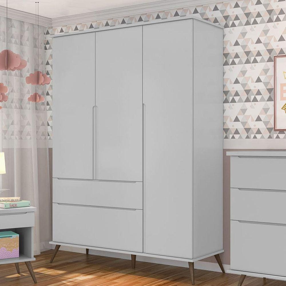 Guarda Roupa Infantil 3 Portas 2 Gavetas Melinda Phoenix Baby Cinza