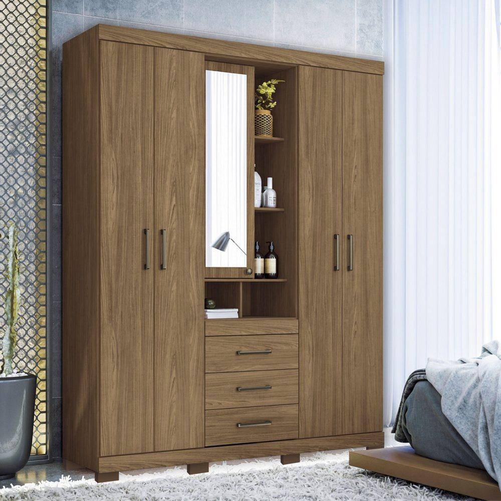 Guarda-roupa 5 Portas 3 Gavetas Star com Espelho e Pés Jatoba