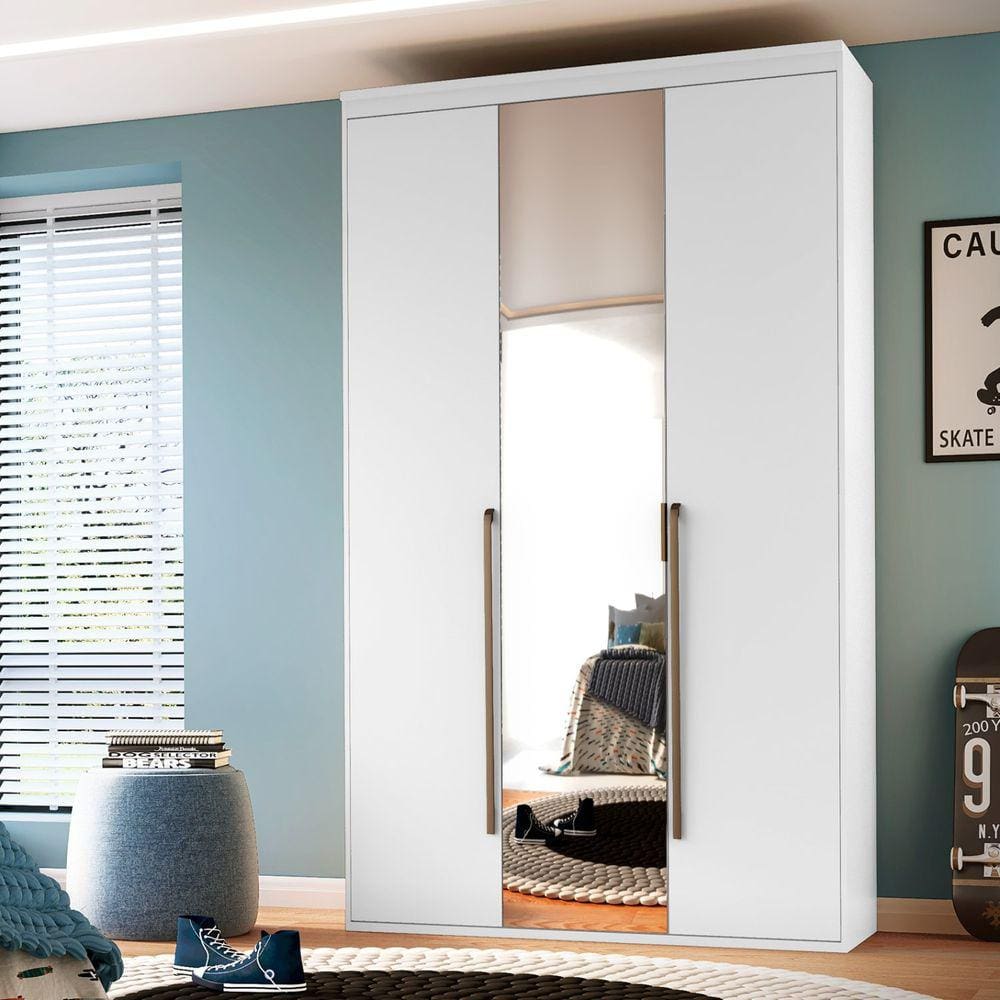 Guarda Roupa Solteiro 3 Portas com Espelho únicoe Belmax Branco