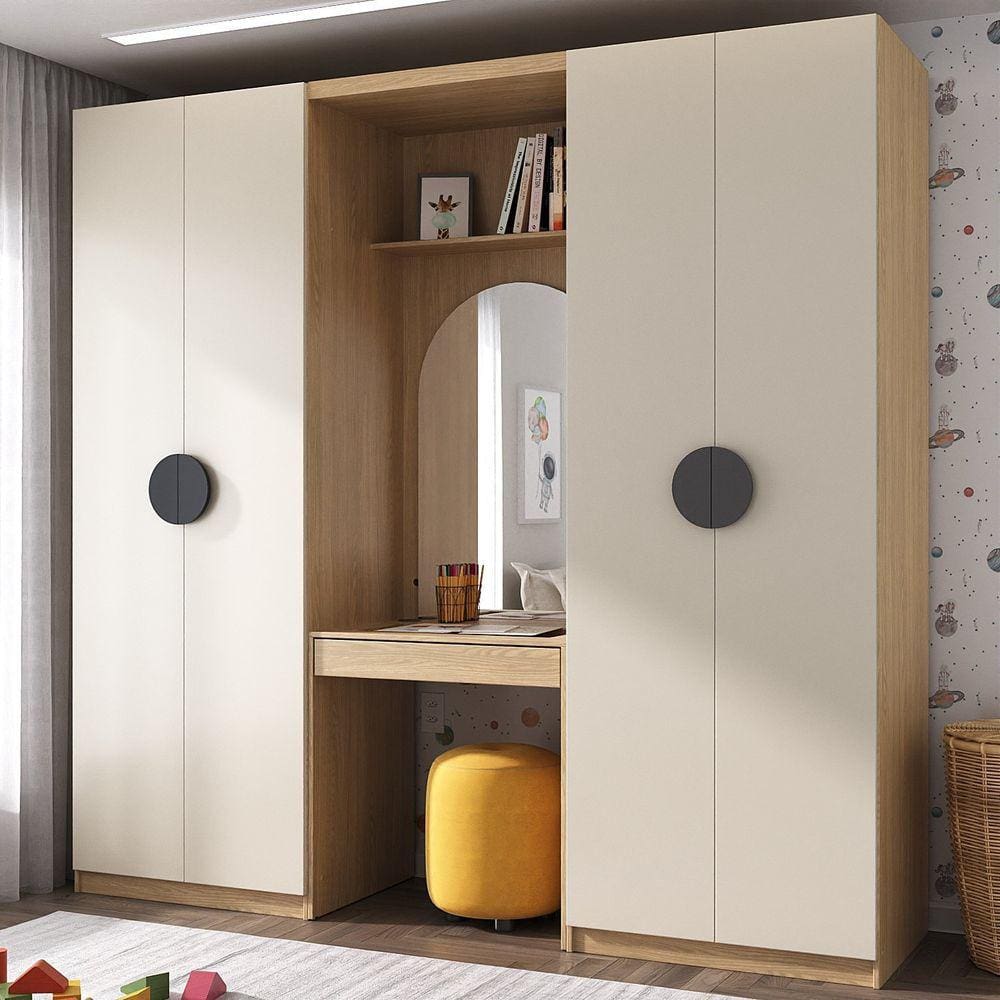 Conjunto Modulado Infantil 3 Peças 4 Portas, Módulos Nichos 2 Gavetas Cabideiro e Penteadeira com Es Cinza/Avena