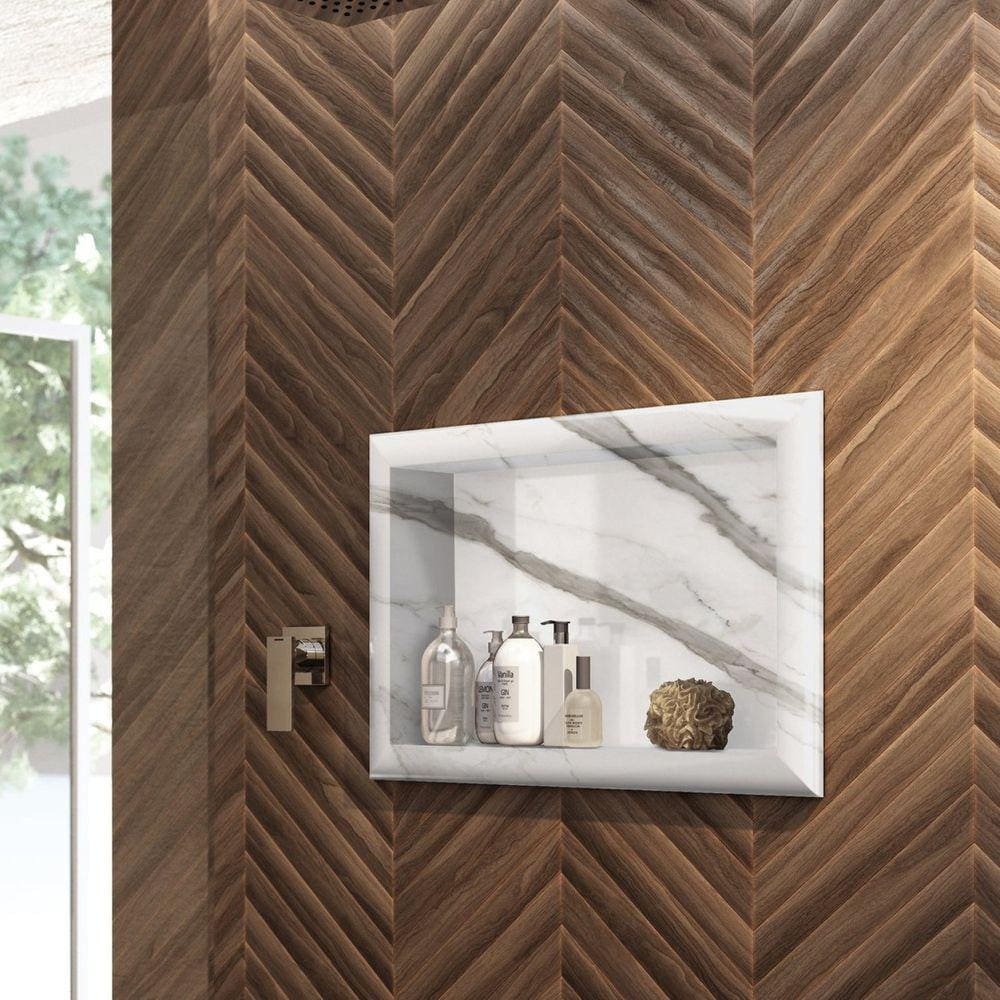 Nicho de Embutir para Banheiro 56,5cm Porcelanato Técnico Polido Blu Lavatórios Calacata