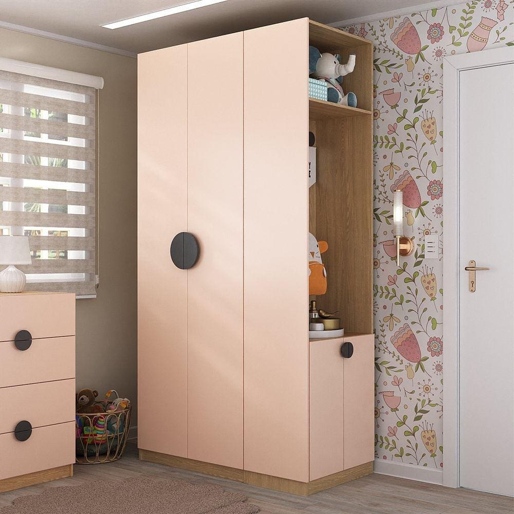 Conjunto Modulado Infantil 2 Peças com 4 Portas 2 Gavetas com Nichos e Sapateira Joy Kids Cabecasa M Salmão/Avena