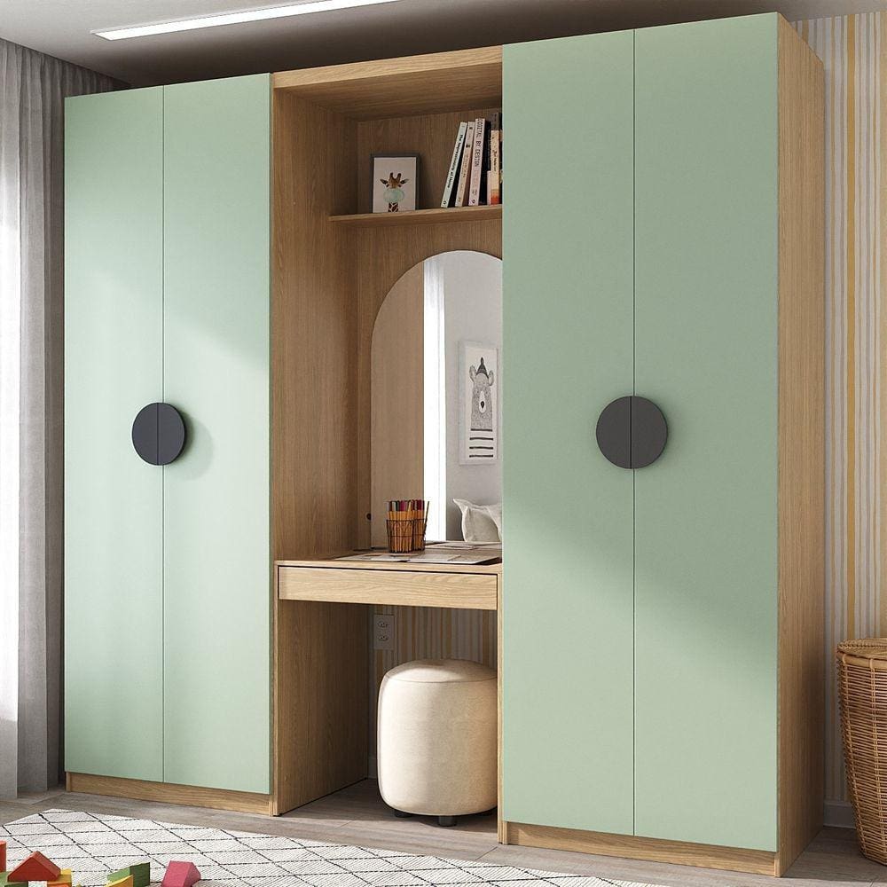 Conjunto Modulado Infantil 3 Peças 4 Portas, Módulos Nichos 2 Gavetas Cabideiro e Penteadeira com Es Verde/Avena