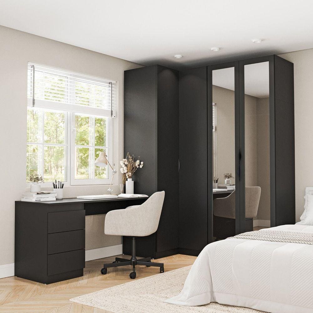 Guarda Roupa Modulado de Canto 3 Peças 4 Portas com 2 Portas Reflecta e Escrivaninha Hera Cabecasa M Preto
