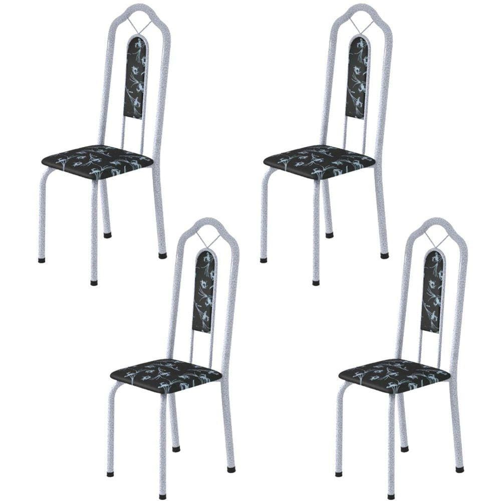 Kit 4 Cadeiras Tubular Bianca Soma Móveis Martelado Pérola/Preto Floral