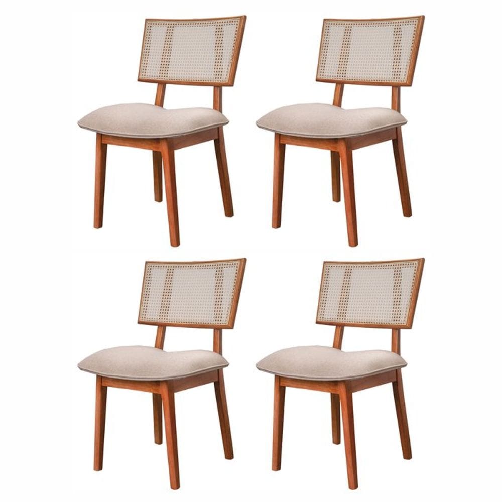 Conjunto de 4 cadeiras em Madeira Maciça, Rattan de Fibra 100% Natural e Estofada Lívia Authentic Champagne