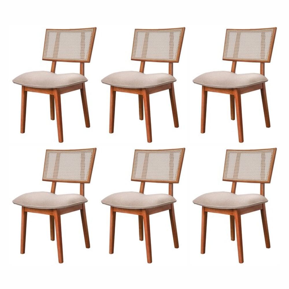 Conjunto de 6 cadeiras em Madeira Maciça, Rattan de Fibra 100% Natural e Estofada Lívia Authentic Champagne