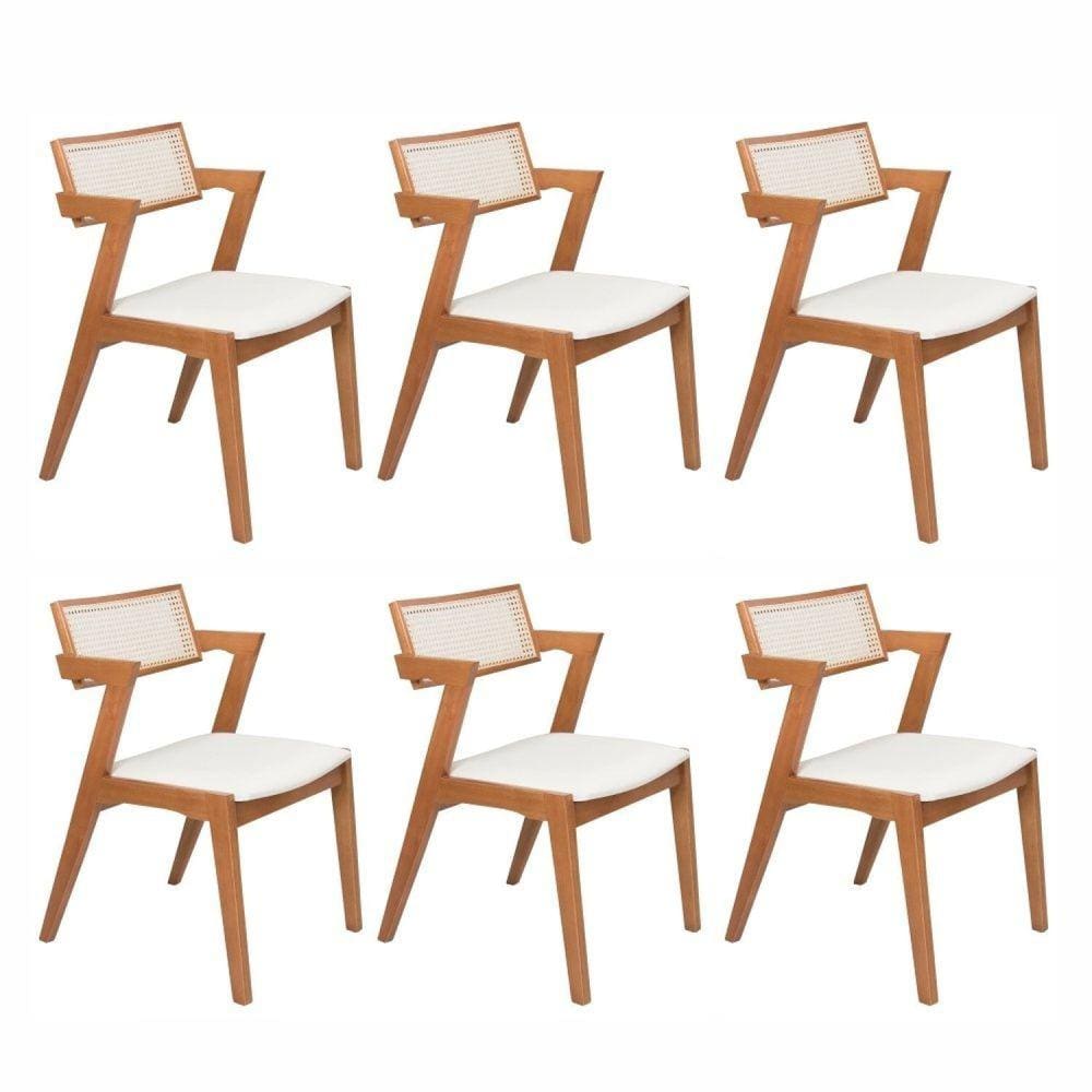 Conjunto com 6 Cadeiras Madeira Maciça com Rattan Natural e Estofada 81,5x53x57cm Verona Champagne