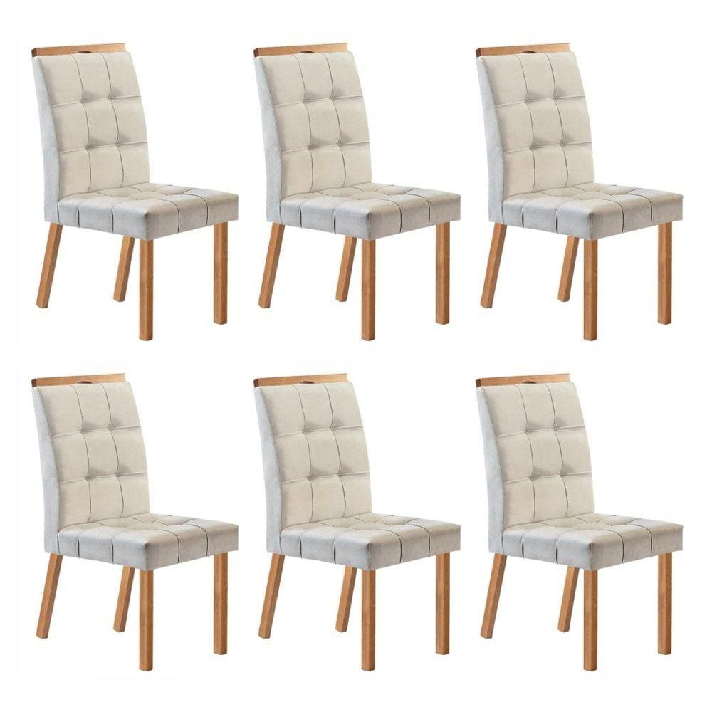 Conjunto com 6 Cadeiras Madeira Maciça e Estofada 99,5x45,5x74,5cm Sophia Champagne