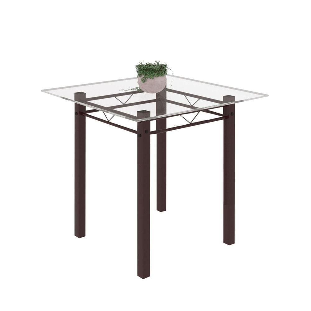 Mesa Tubular 75x75cm Tampo de Vidro 4 Lugares Júlia Soma Móveis Cacau/Tampo Vidro