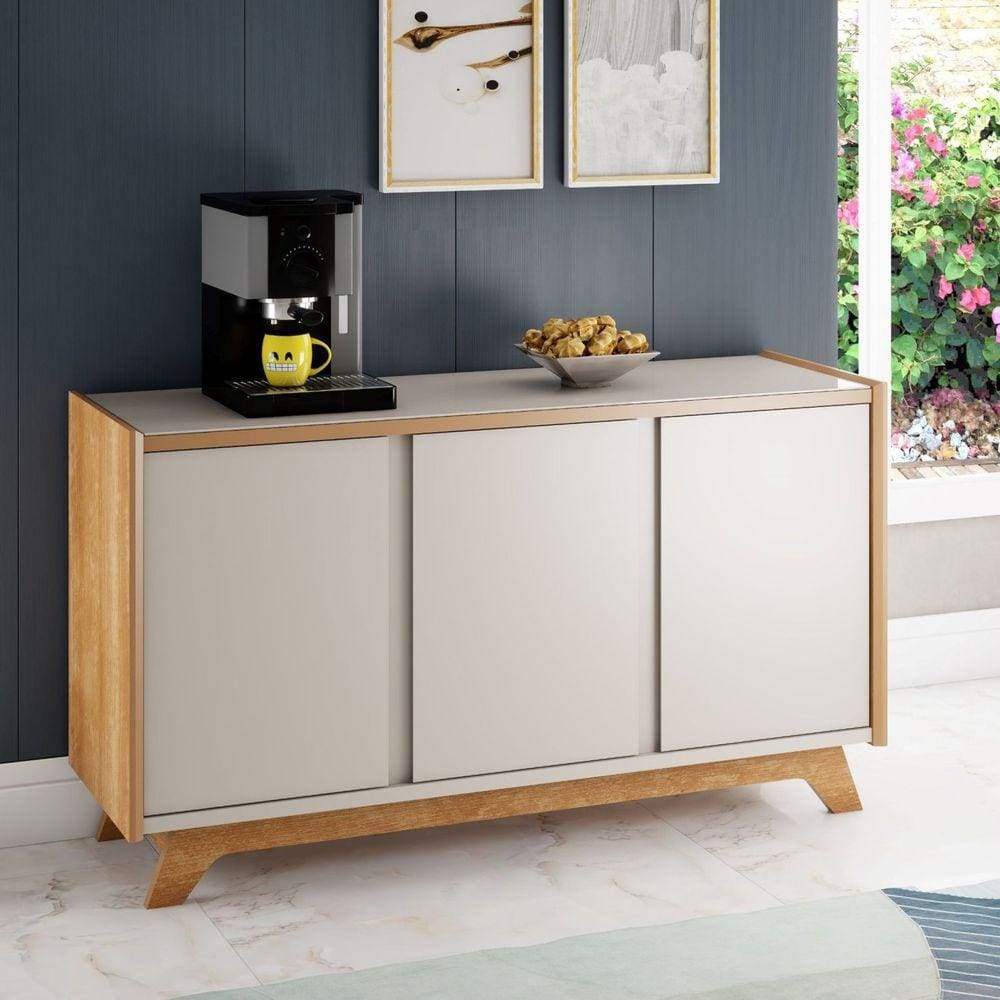 Buffet Aparador 3 Portas Tampo com Vidro Munique Sonetto Móveis Mel/Off-White