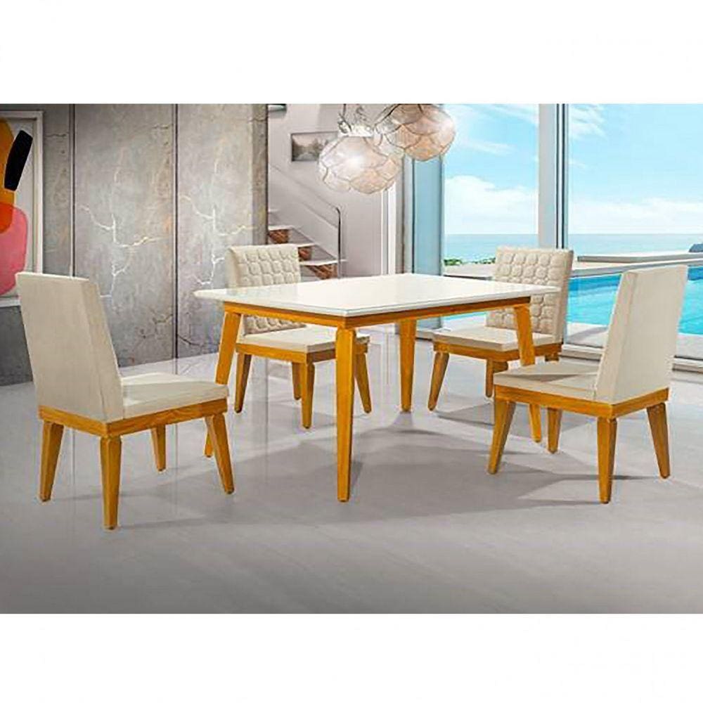 Conjunto Sala de Jantar Madeira Maciça e 4 Cadeiras Estofadas Reality Art Panta Mel/Off White