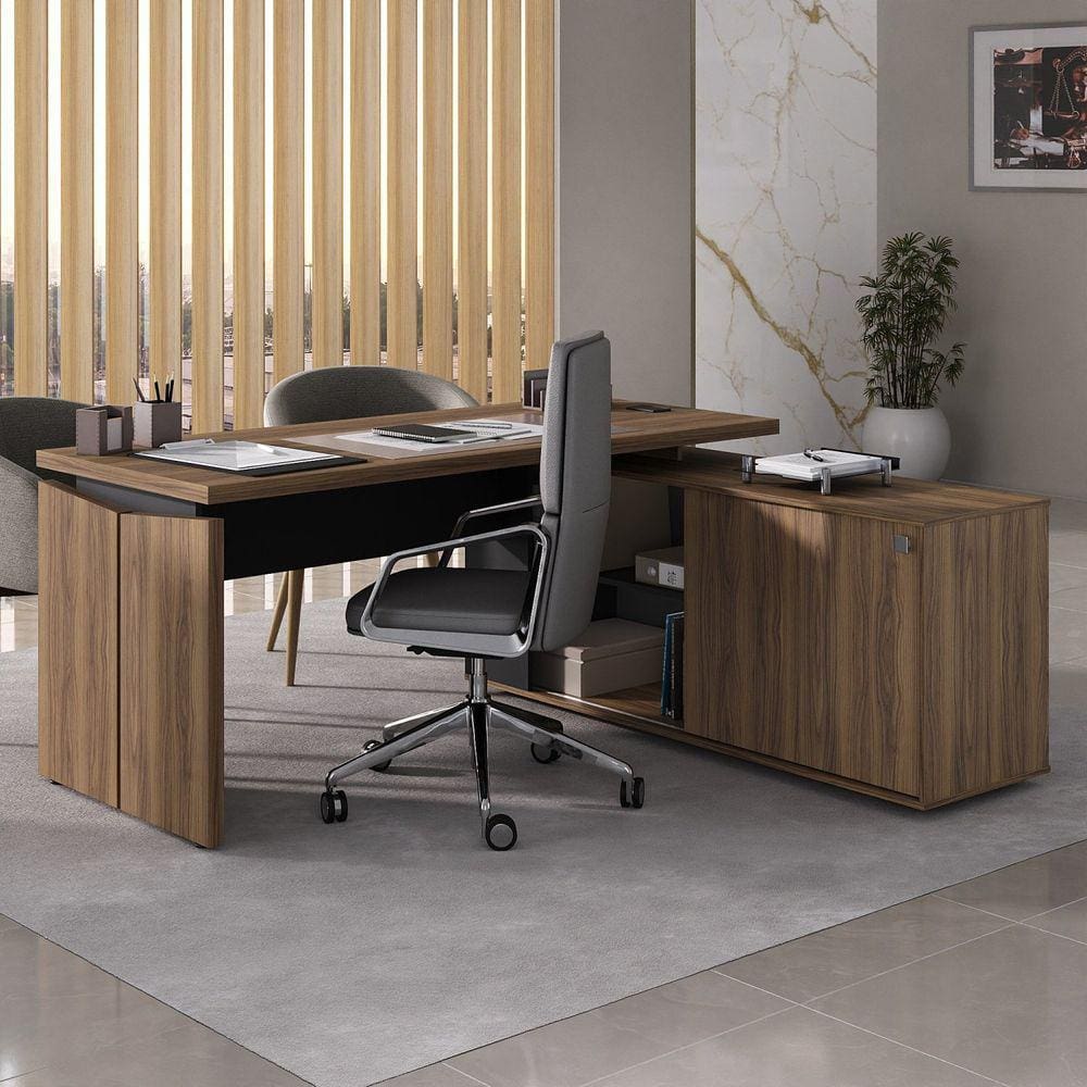 Estação Diretor em L com Porta de Correr e Caixa de Tomada Nogal /Preto