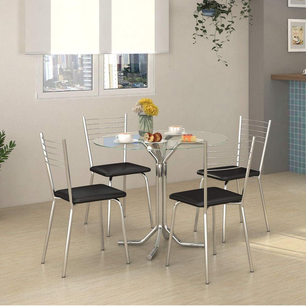 Conjunto de Mesa 90x90cm Tampo Vidro com 4 Cadeiras Braga Compoarte Cromado/Preto