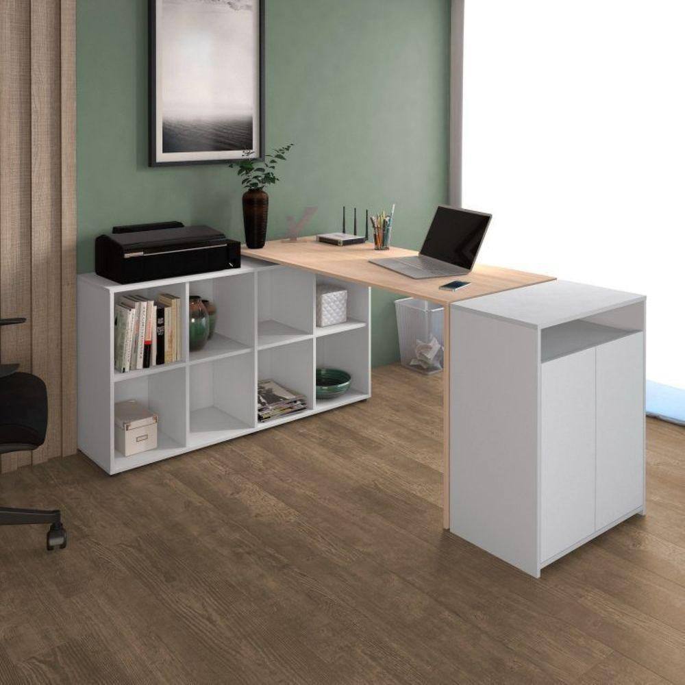 Mesa para Escritório Diretor em L com Nichos e Balcão Espresso Móveis Carvalho/Branco