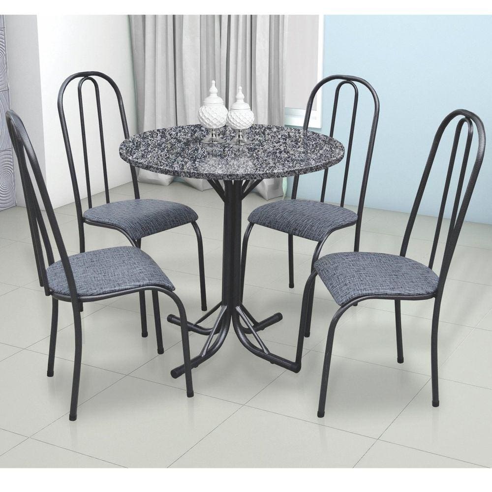 Conjunto de Cozinha Mesa Tampo em Granito Redonda Madri 4 Cadeiras Aço Coelho Preto Martelado / Flame Preto
