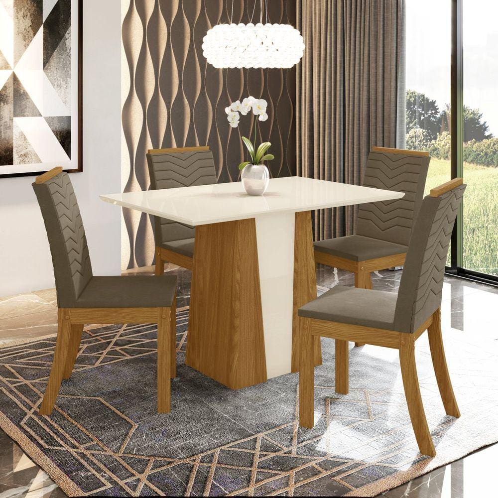 Conjunto Sala de Jantar Mesa Tampo MDF 4 Cadeiras Fler Espresso Móveis Marrom/Off White/Bege Escuro