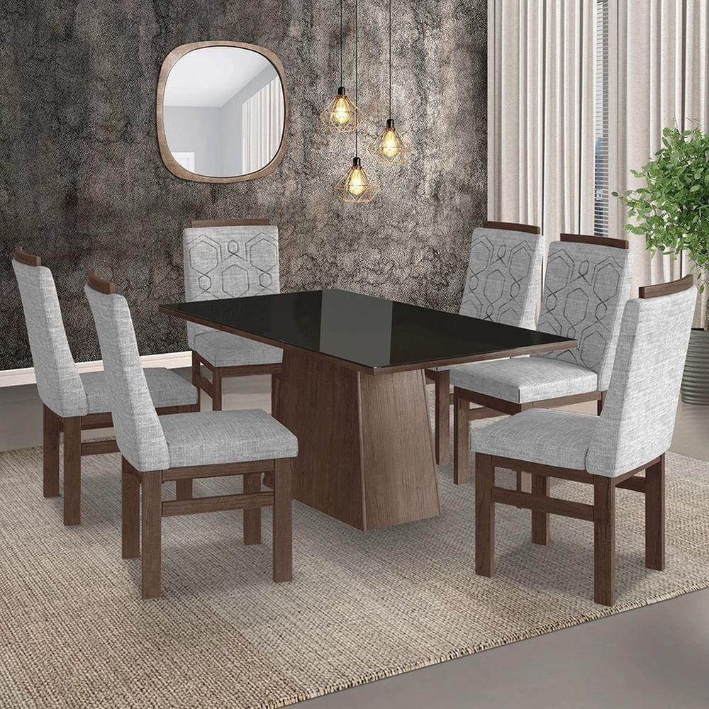 Conjunto Sala de Jantar Mesa 90x160cm Tampo Vidro com 6 Cadeiras Madeira Maciça Tecido Linho Zamarch Marrom/Preto